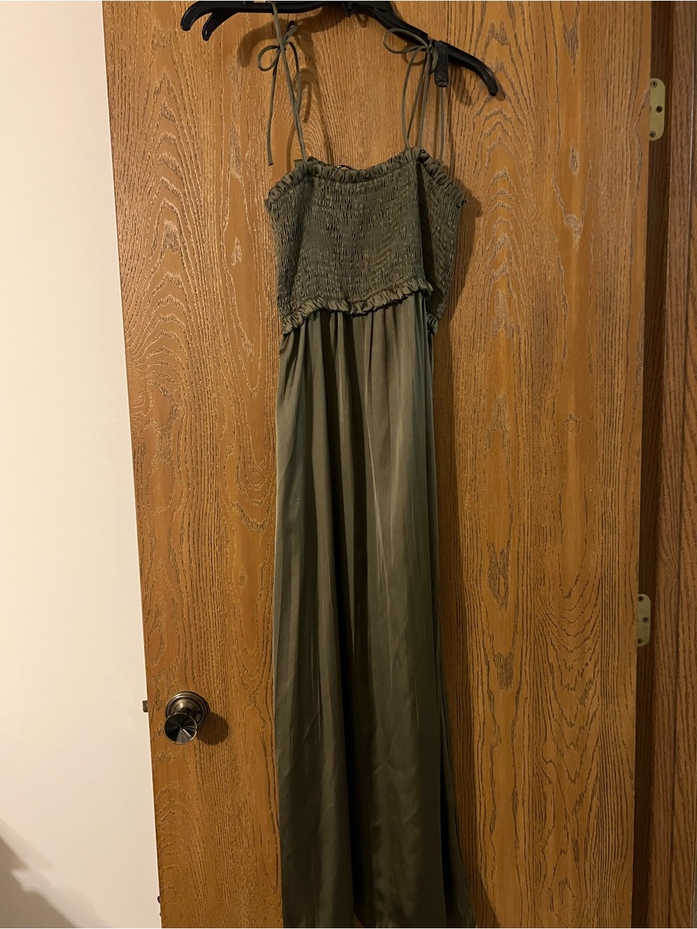 Zara Olive Green Smocked Maxi Dress with Tie Straps